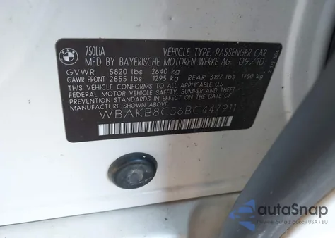 2011 BMW 750Li z USA, uszkodzony, nr VIN WBAKB8C56BC447911